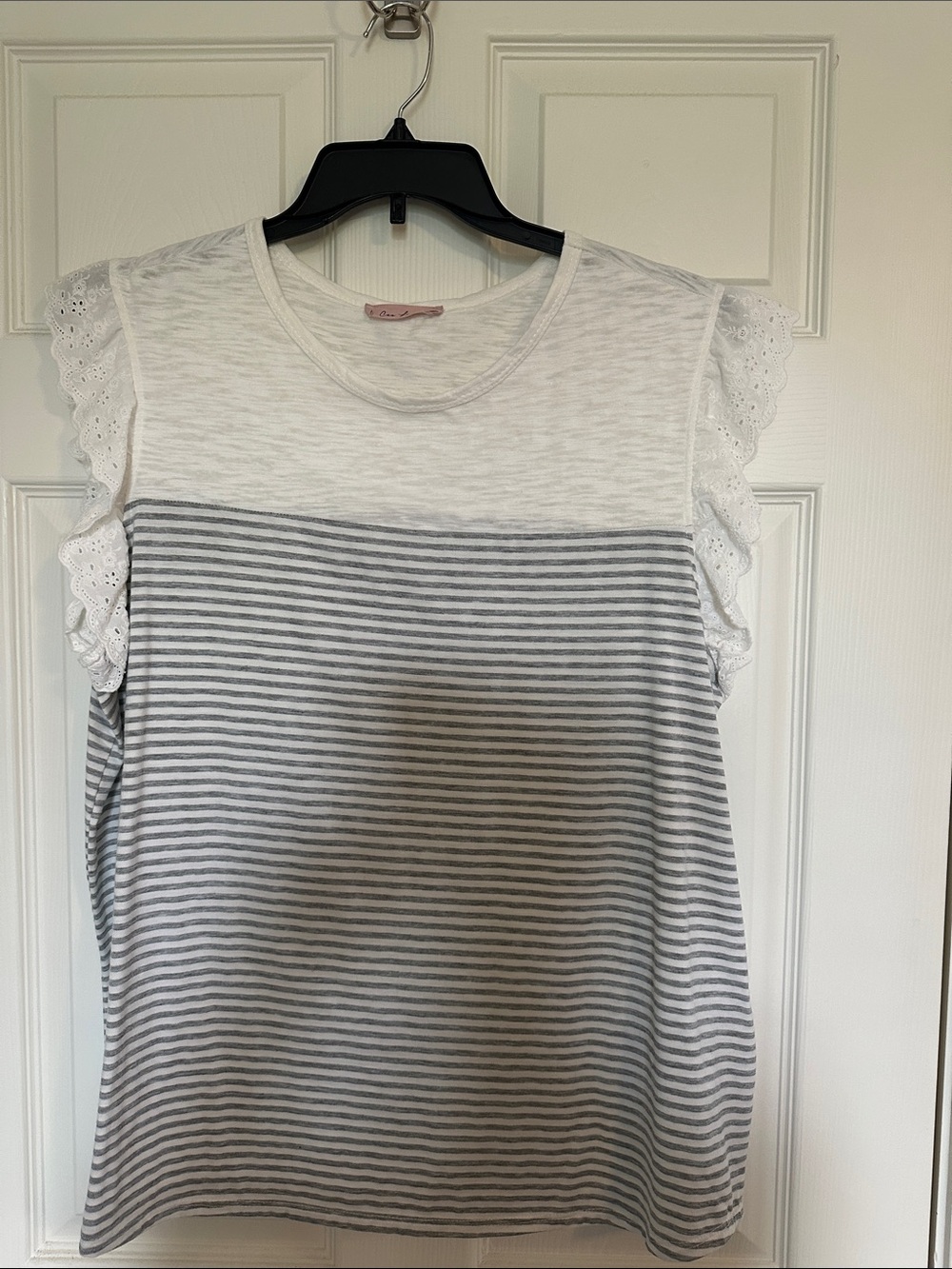 NWOT Ces Femme White Top with Light Gray Stripes and Eyelet Flutter Sleeves